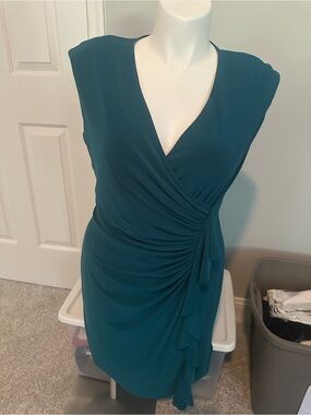Chaps Teal Faux-Wrap Midi Dress with Ruching